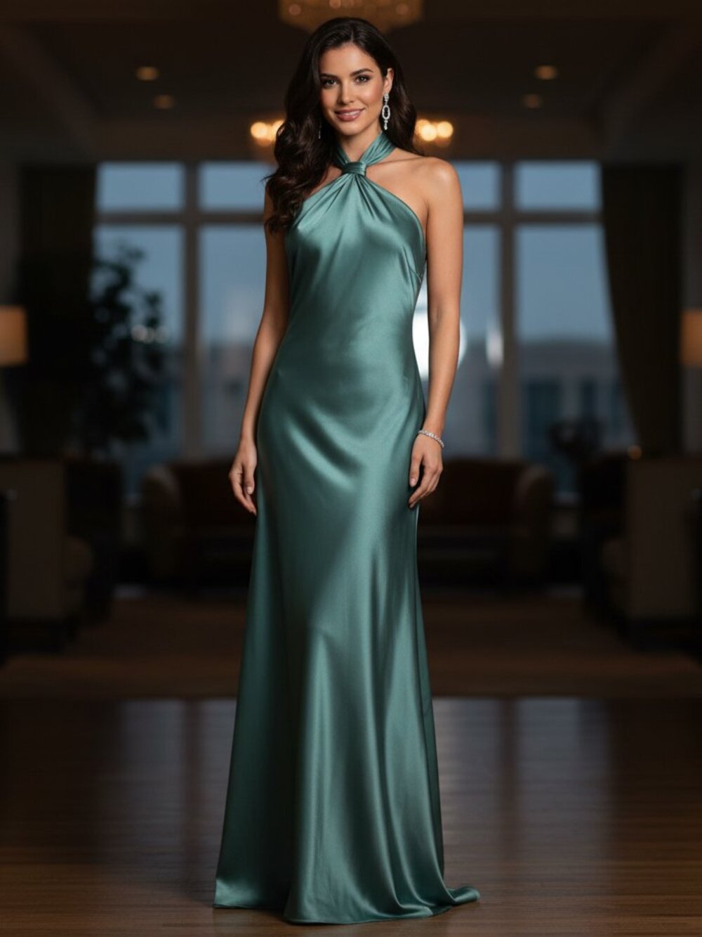 Betsy & Adam Knotted Halter Satin Gown Green Size 2 Flawed Formal Evening Dress